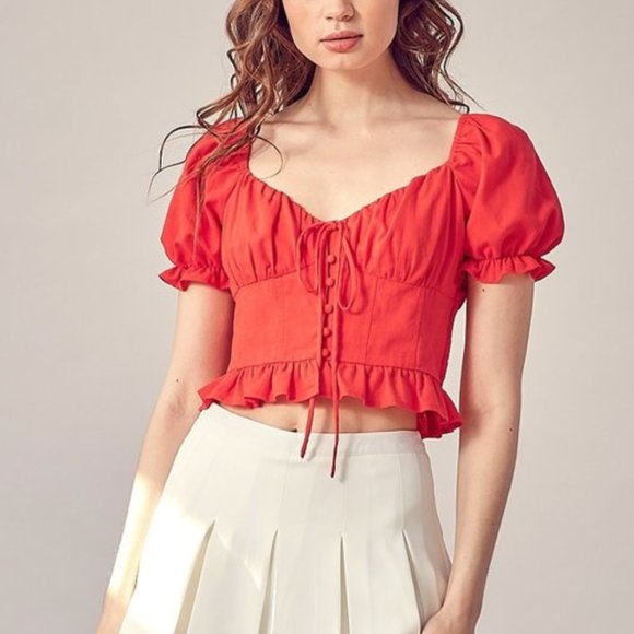 IDEM DITTO Red Balloon Sleeve Button Down Crop Top. Size Medium - Picture 1 of 3